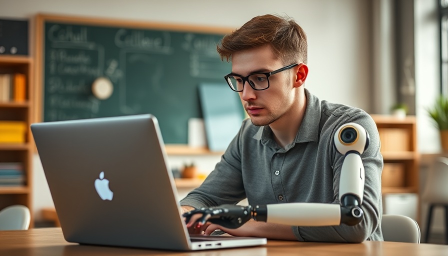 Young man using laptop with robot in educational tech setting.