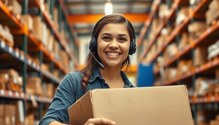 Woman in headset with box at product fulfillment center.