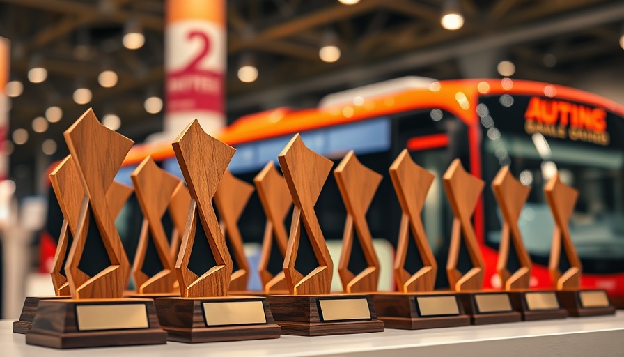 Awards displayed near Yutong electric bus with blurred expo lights.
