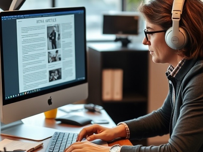 Journalist typing an article on a computer at a desk.