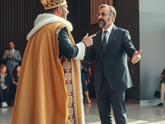 Businessman presenting a king, a dramatic meeting of power and leadership.