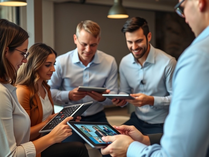 Business people reviewing videos on tablets and laptops in a collaborative setting