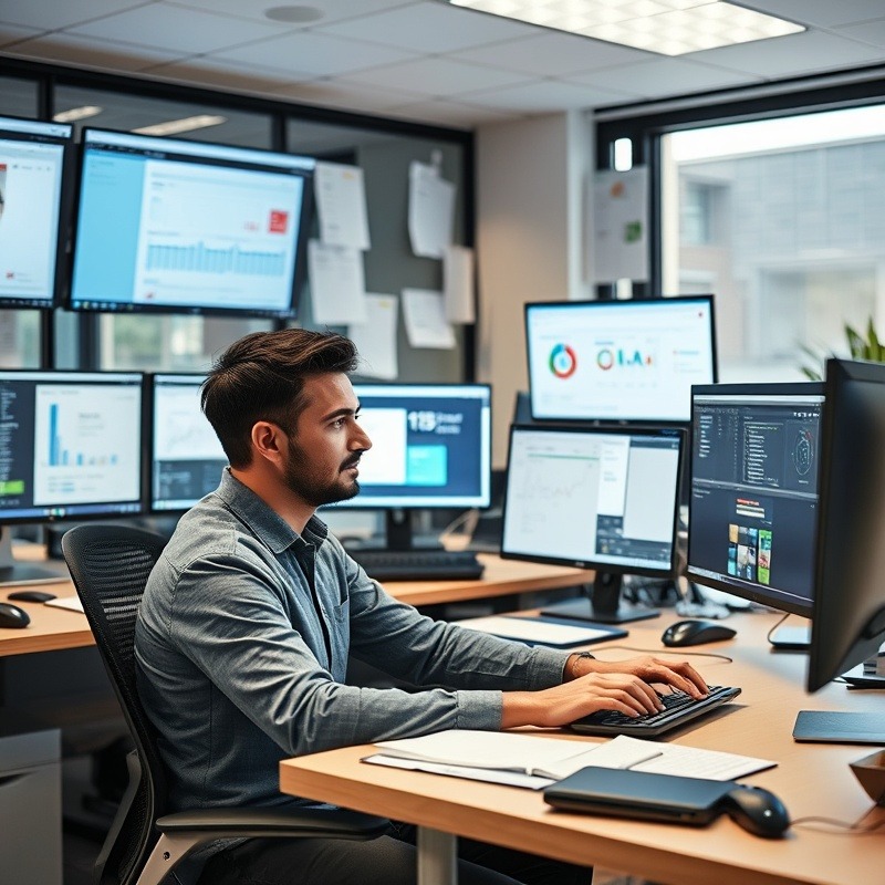 Office workspace with computers and documents being reviewed, showcasing AI tools in use.