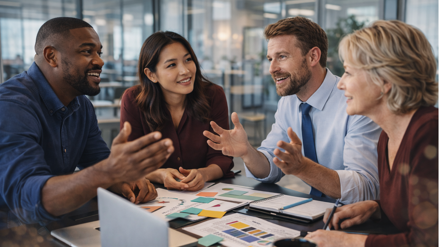 creative content agencies business team collaborating with laptops and work materials in bright modern office