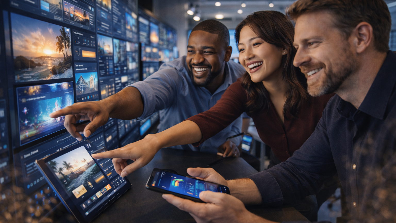 creative content agency team designing cross-platform marketing content in modern studio with digital screens