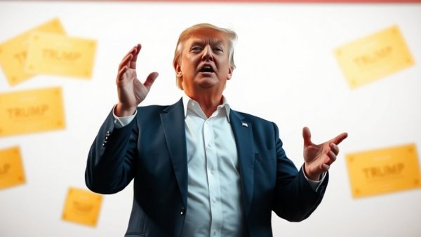 Mid-shot of man with Trump Gold Card backdrop discussing immigration.