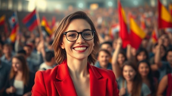 Immigration success stories celebration with smiling woman and diverse crowd.
