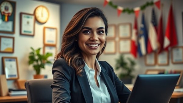 Professional woman in office promoting holiday songs for immigration attorneys.