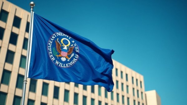 U.S. Department of Homeland Security flag outside modern building.