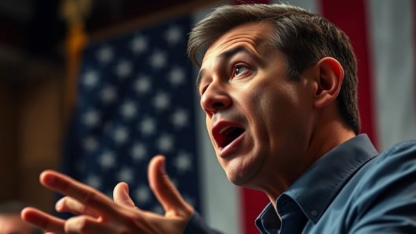 Close-up of a person speaking intensely with an American flag behind.