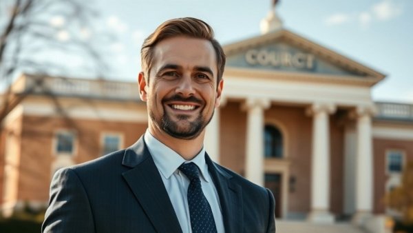 Smiling man in a suit with a courthouse background for criminal defense spotlight.