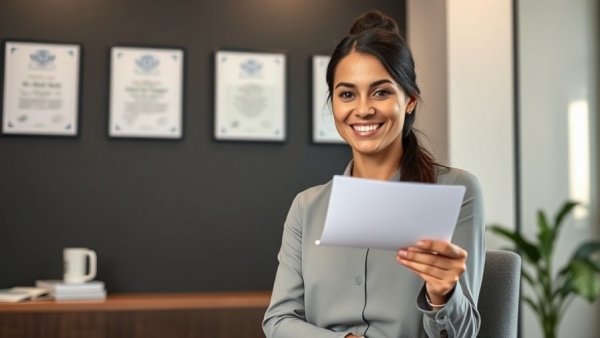 Professional woman discussing immigration updates, office setting.