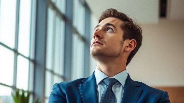Confident man in blue suit looking upwards, indoor setting.