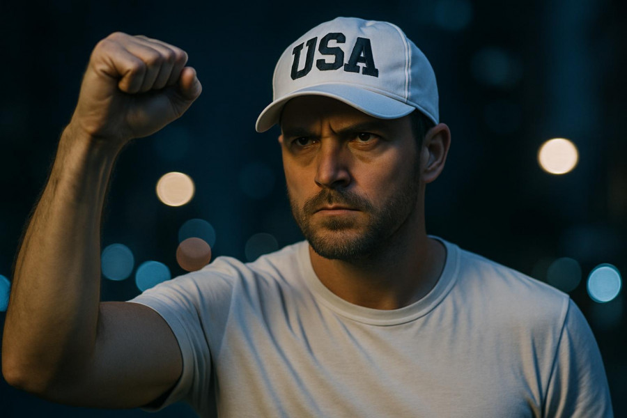 Man in USA cap raising fist, symbolizing civil rights and immigration policy advocacy.
