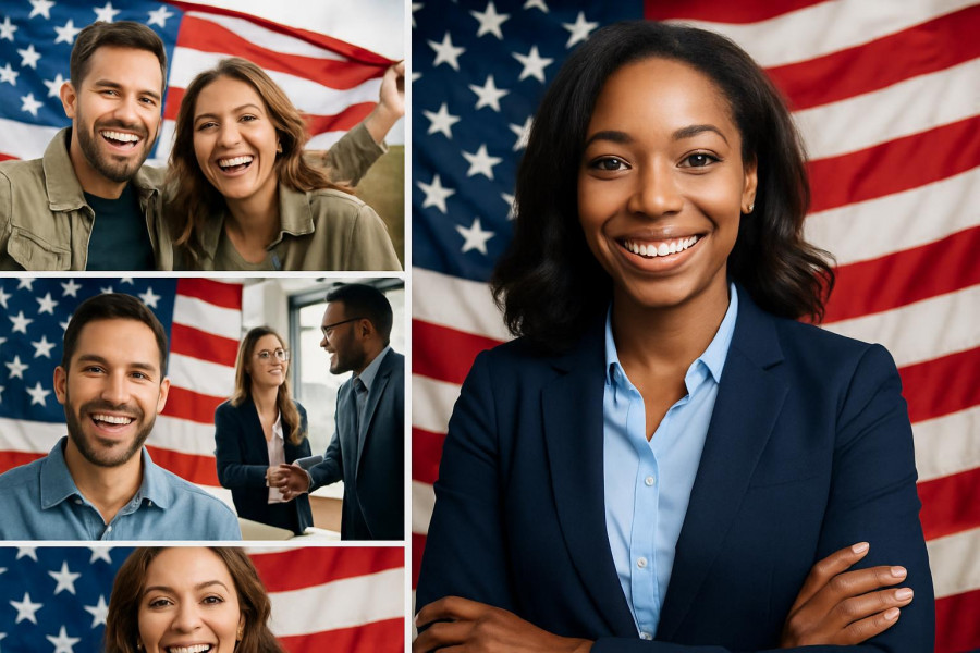 Diverse individuals celebrating the 2-Year Green Card milestone outdoors, vibrant and lifelike.