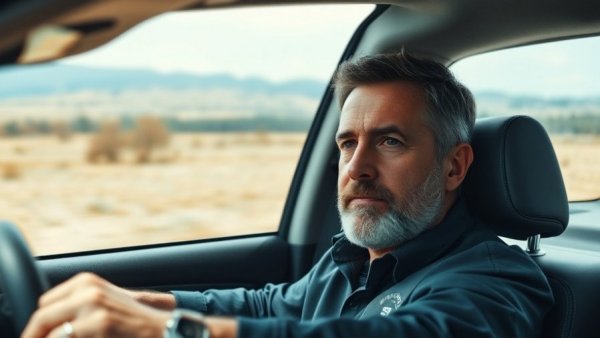 Middle-aged man driving with landscape view.