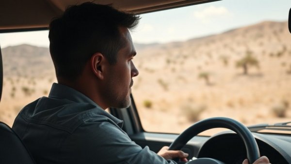 Driving man in vehicle, arid landscape background, DOJ Epstein Documents Privacy Concerns