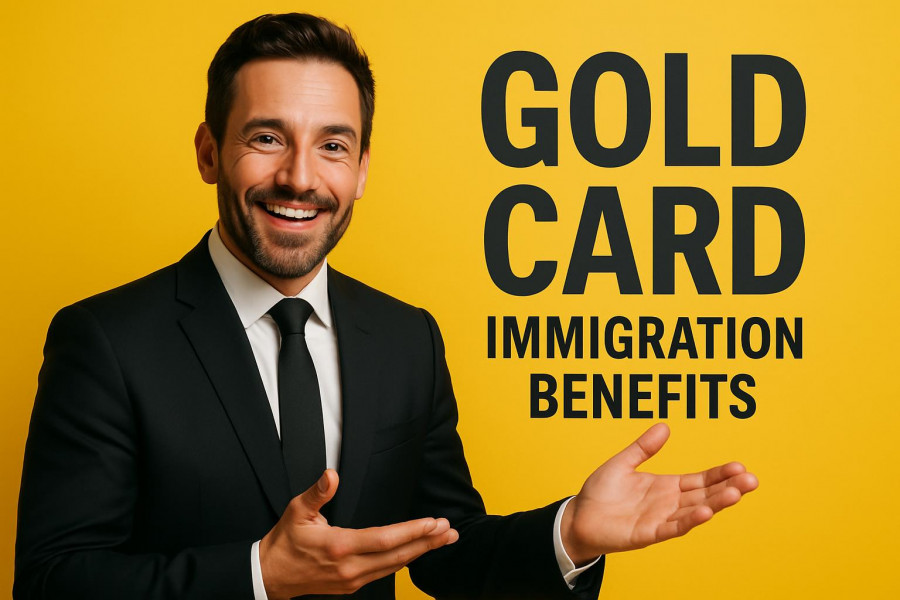 Confident man in a suit discussing EB-5 alternatives and Gold Card benefits.