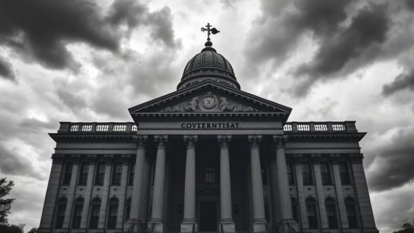 Dramatic clouds over a government building depicting nuclear treaty collapse tension.
