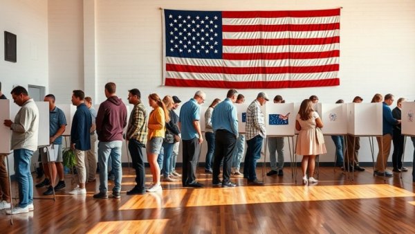 Voters at booths with American flag, discussing political issue for AI in 2028 election.