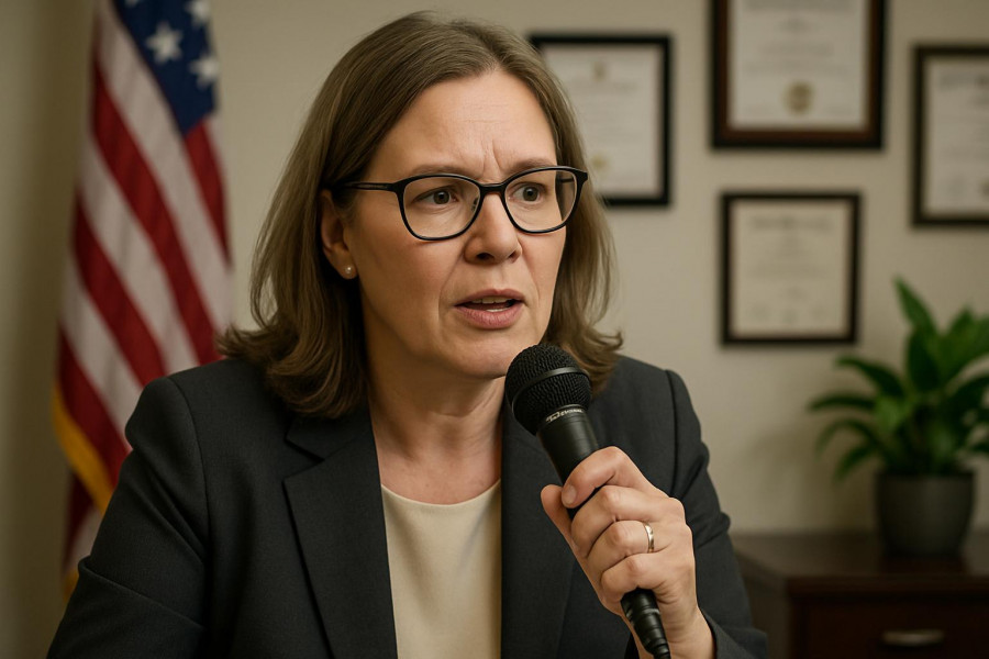 Middle-aged woman advocating for immigration reform in a professional office
