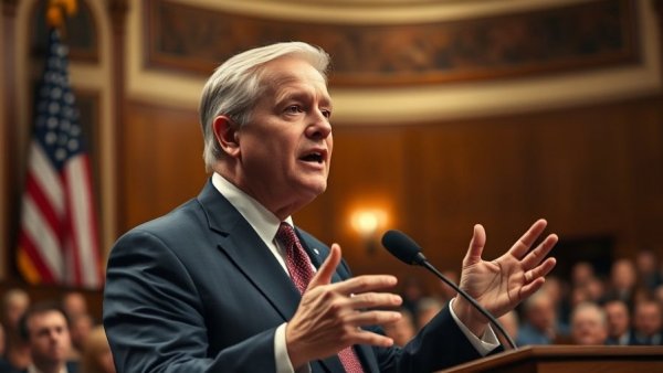 Political leader passionately speaking at event, Retirement Boost for Millions backdrop