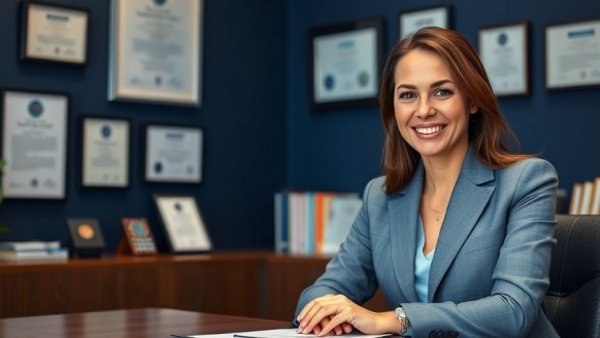 Professional woman in an office, 80-year-old becomes U.S. citizen.