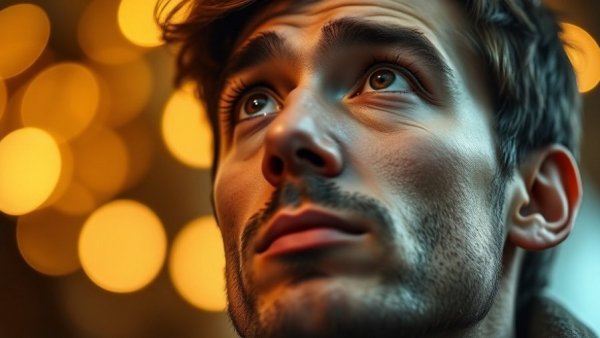 Thoughtful expression of a person, golden blurry background.