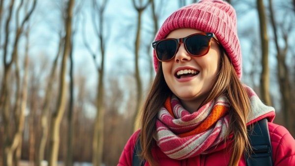 Woman discussing 50% Off Naturalization Cases in winter setting.