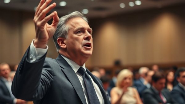 Man speaking passionately during an immigration policy debate.