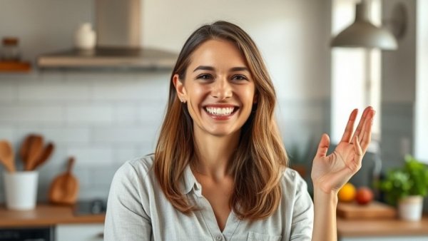 Happy woman in kitchen expressing appreciation.