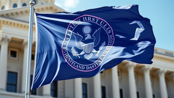 US Department of Homeland Security flag with an eagle emblem symbolizing authority, government backdrop.