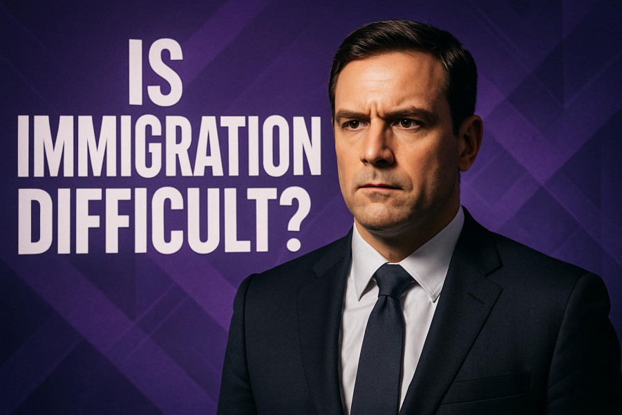 Focused businessman amid bold questions on Immigration Policy, dynamic cinematic photo.