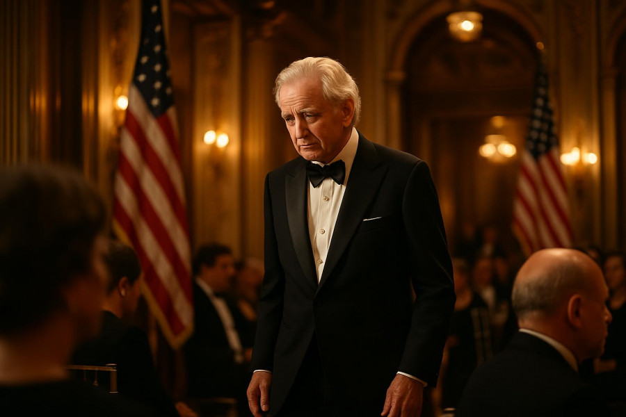 Distinguished man in tuxedo at elegant event discussing Election Day Ballots.