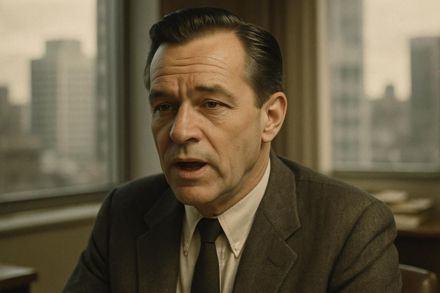 Middle-aged man discussing Iran oil control and U.S. foreign policy in office setting.