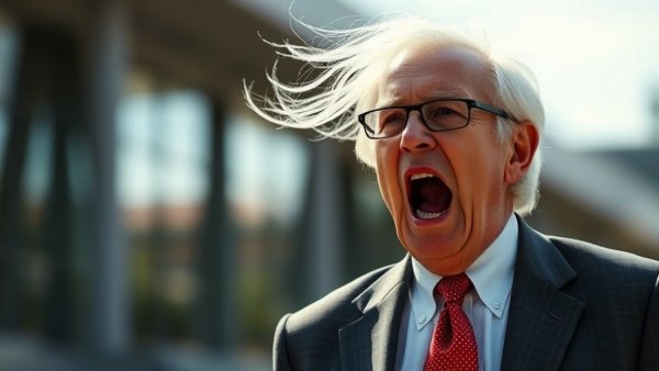 Elderly man with windblown red tie outdoors, high contrast, natural lighting