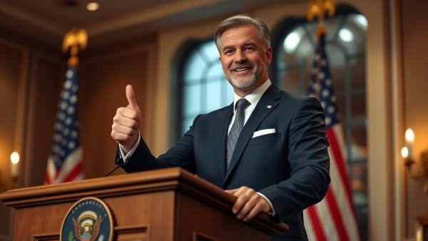 Confident man presents at podium with thumbs up, Trump IRS lawsuit.