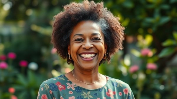 Smiling woman announces USCIS lawsuit stay news in garden setting.