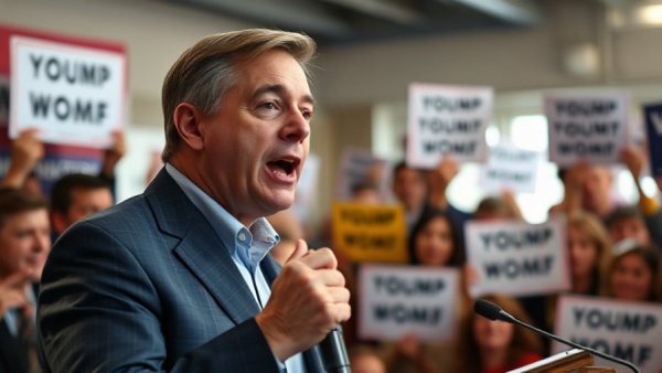 Democratic Senate takeover rally with speaker and supporters.