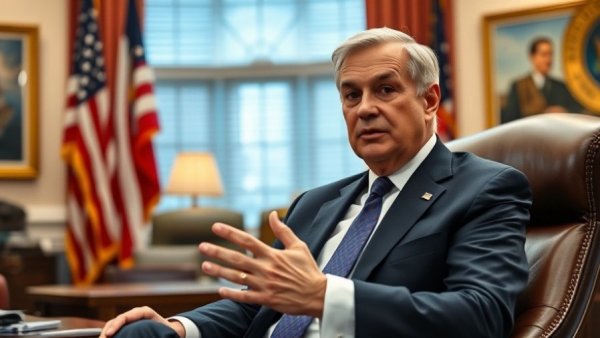 Political figure in office discussing Trump Iran Blockade.