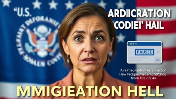 Woman discusses USCIS Adjudication Hold with pause icons overlay.