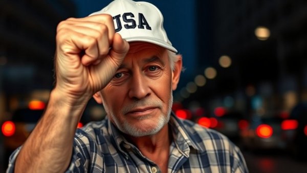 Prominent figure in a USA cap displaying determination at night.