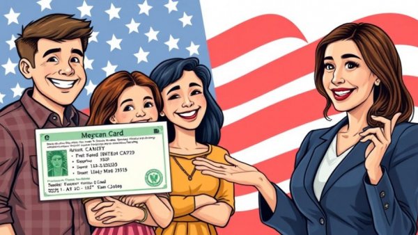 Family and green card process presentation with American flag background.