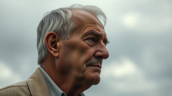 Profile of older man under overcast sky, Trump Truth Social Misinformation theme.