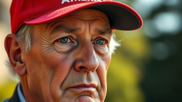 Man in red MAGA hat, serious expression, outdoors, natural light