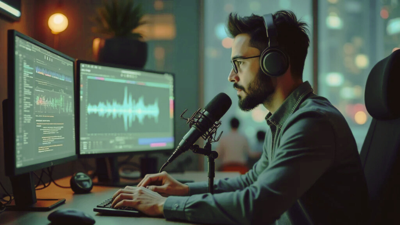 Modern podcast studio with advanced digital interface, professional podcaster at the microphone using AI for podcasts, digital waveform analysis and AI icons, contemporary tech workspace