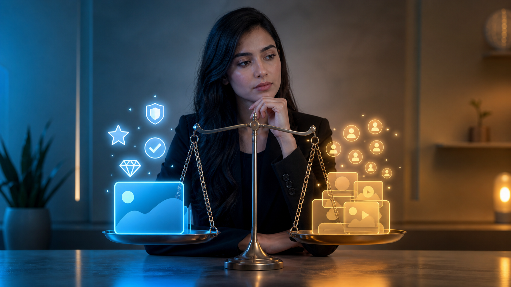 Person balancing quality and quantity icons over two platforms, demonstrating the importance of quality content in content creation
