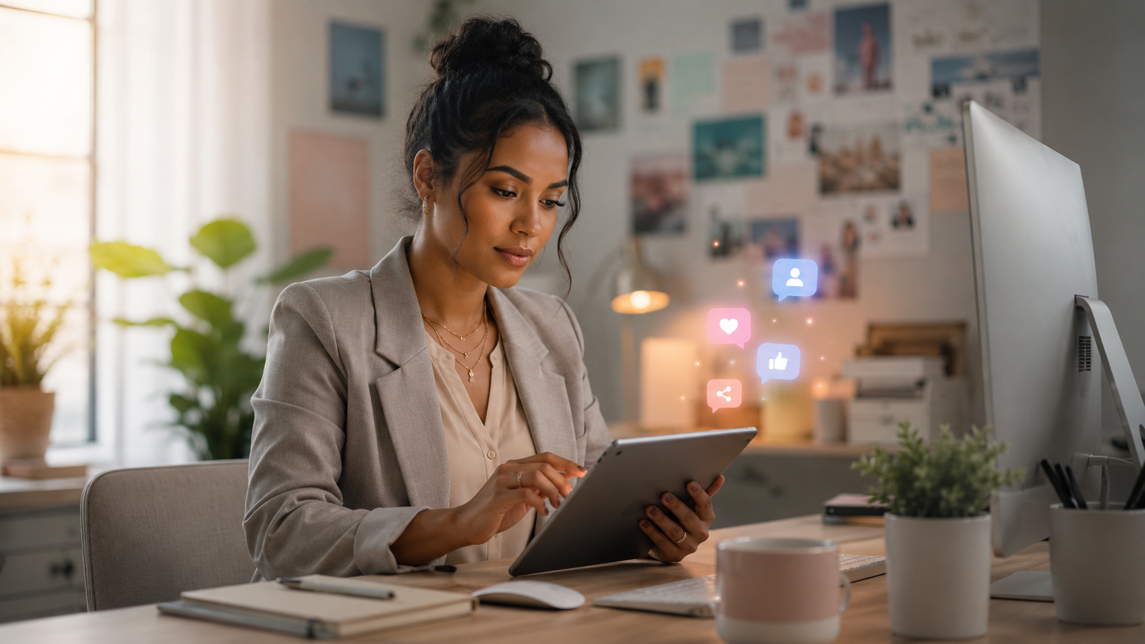 Social media manager checking a content calendar on a tablet to maintain consistent posting for content creation