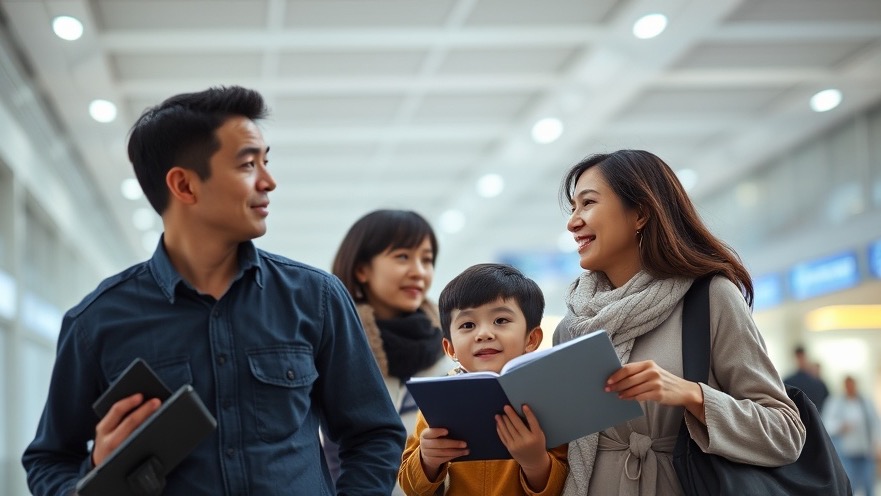 Family navigating travel safety for green card holders at an airport.