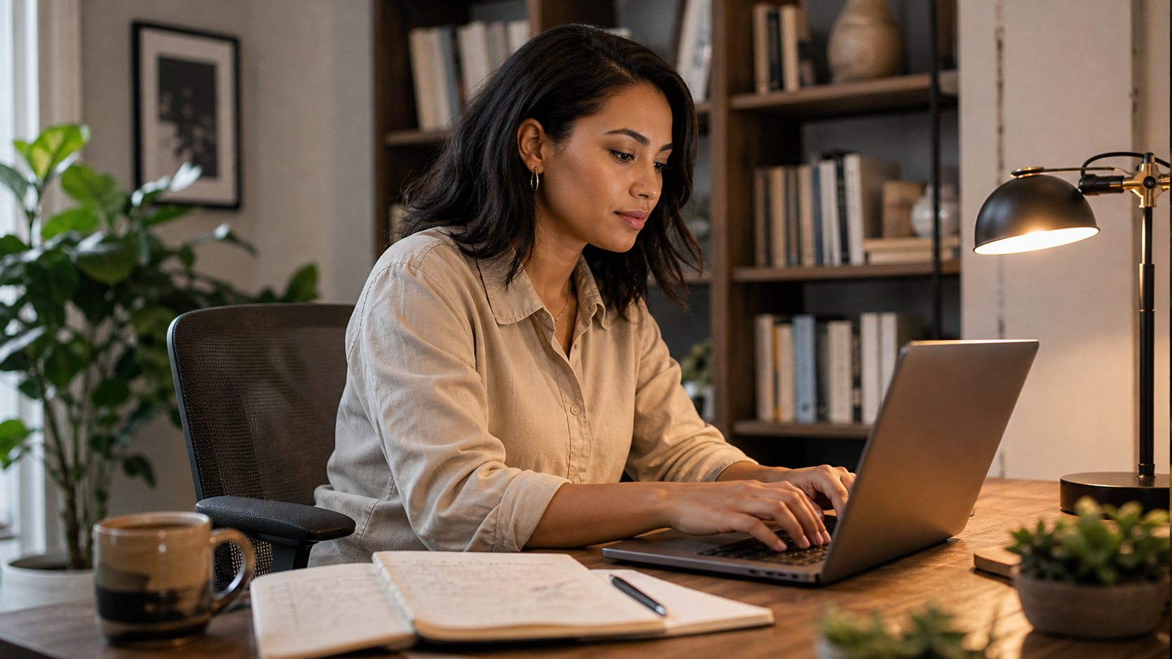 Professional blogger focused on writing high-quality blog posts at a home office desk with coffee and notes